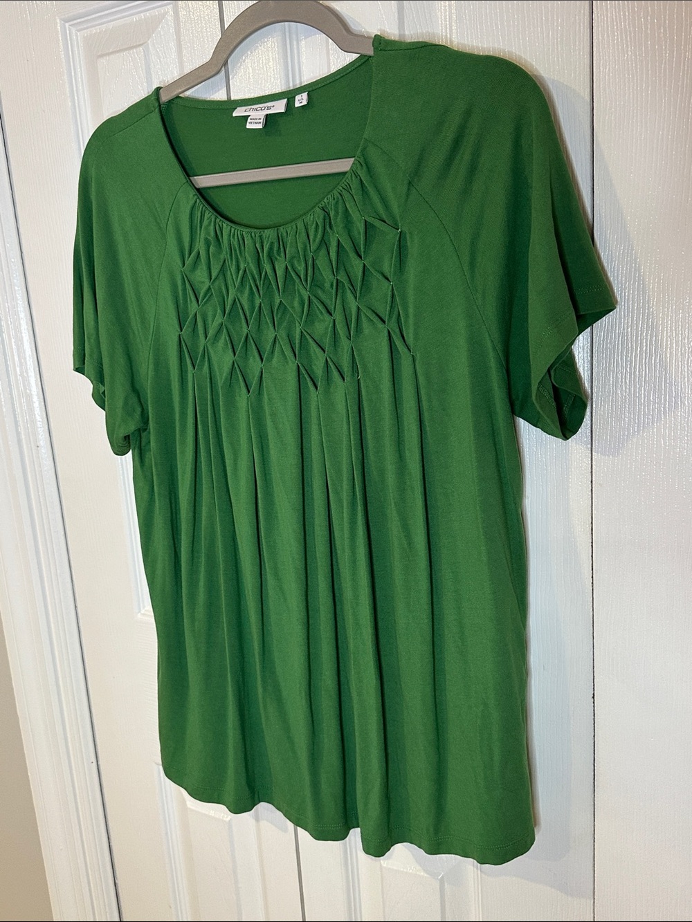Chico's Green Short Sleeve Pleated Yoke Top | 1